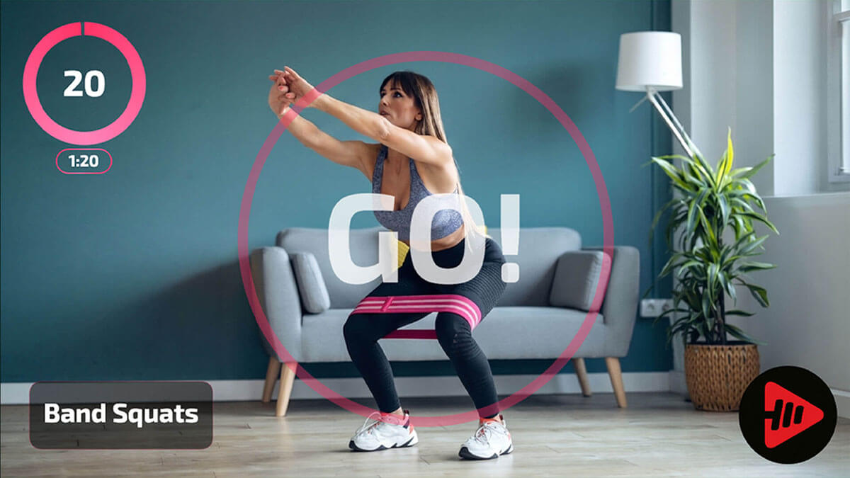 The same workout footage with Fit Cut Pro overlays — timers, exercise names, and branding applied automatically.