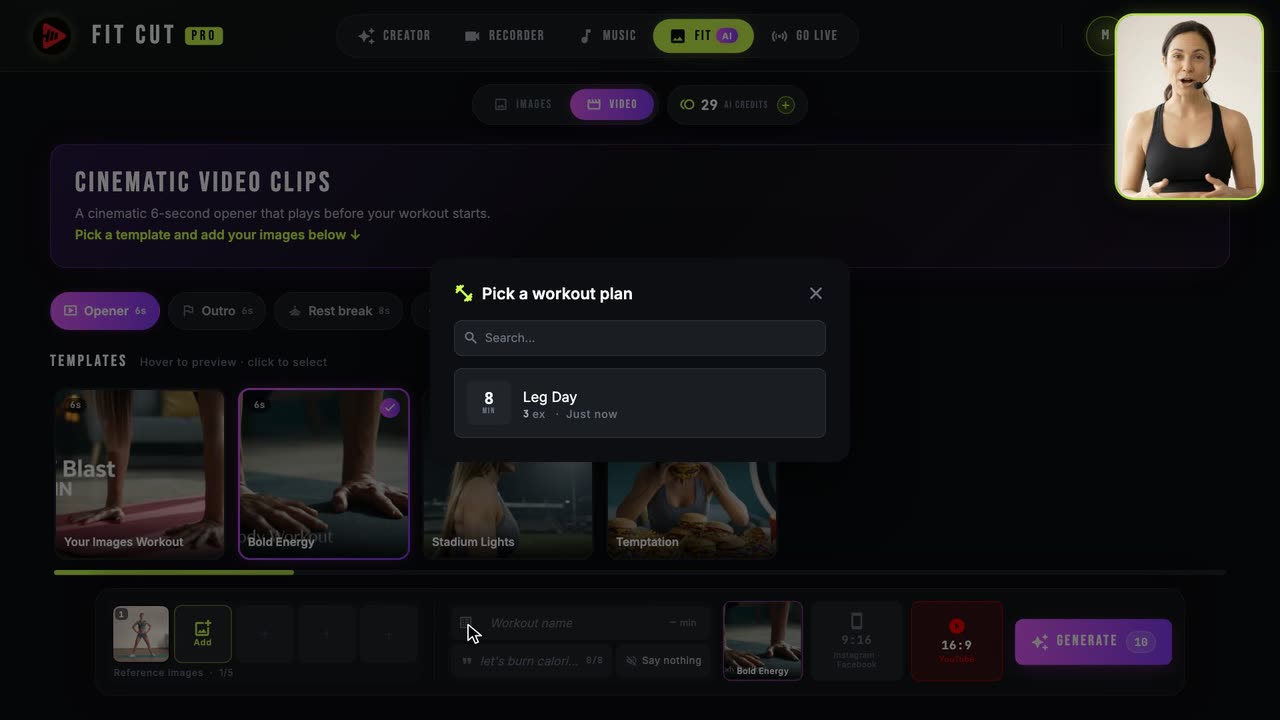 How to Generate Workout Thumbnails, Video Openers, Outros and Rest Clips with AI — Fit Cut Pro tutorial