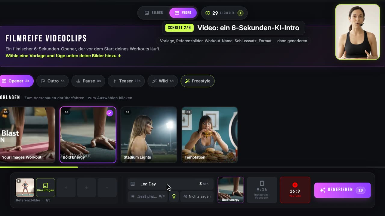 So erzeugst du Workout-Thumbnails, Video-Intros, Outros und Pausen-Clips mit KI — Fit Cut Pro tutorial