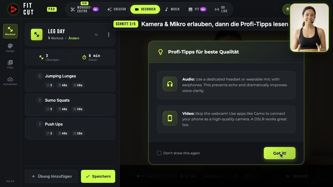 So nimmst du ein Workout-Video mit Live-Timer auf — Fit Cut Pro