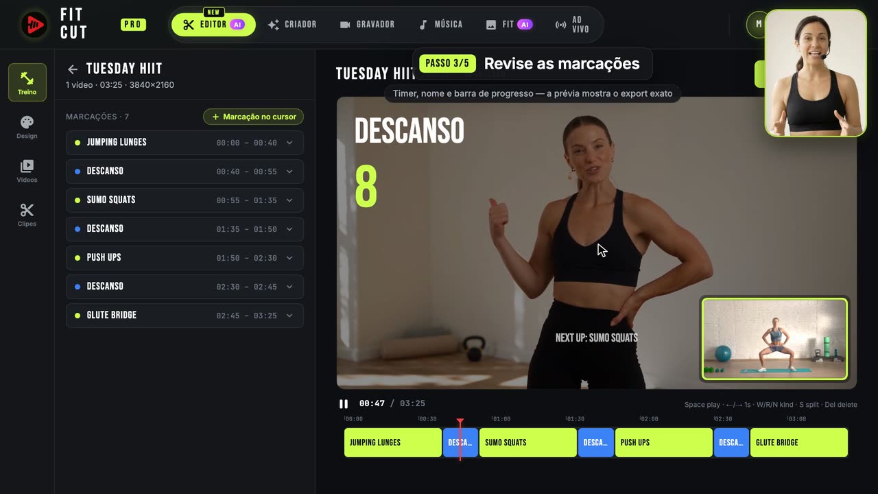 Como adicionar timers a um vídeo de treino automaticamente — Fit Cut Pro